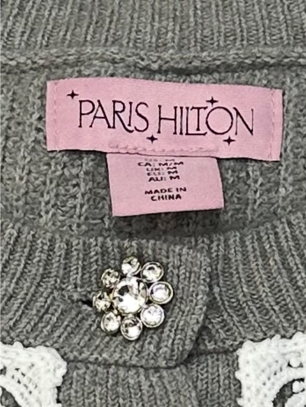 Paris Hilton Gray Cardigan with Decorative Lace Collar - Picture 5 of 5